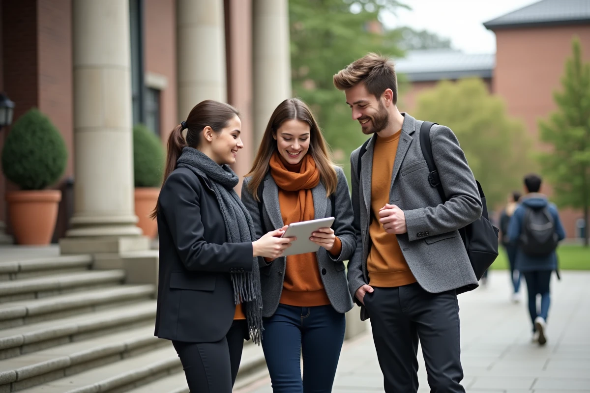 Groupe de jeunes diplômés discutant devant un bâtiment universitaire