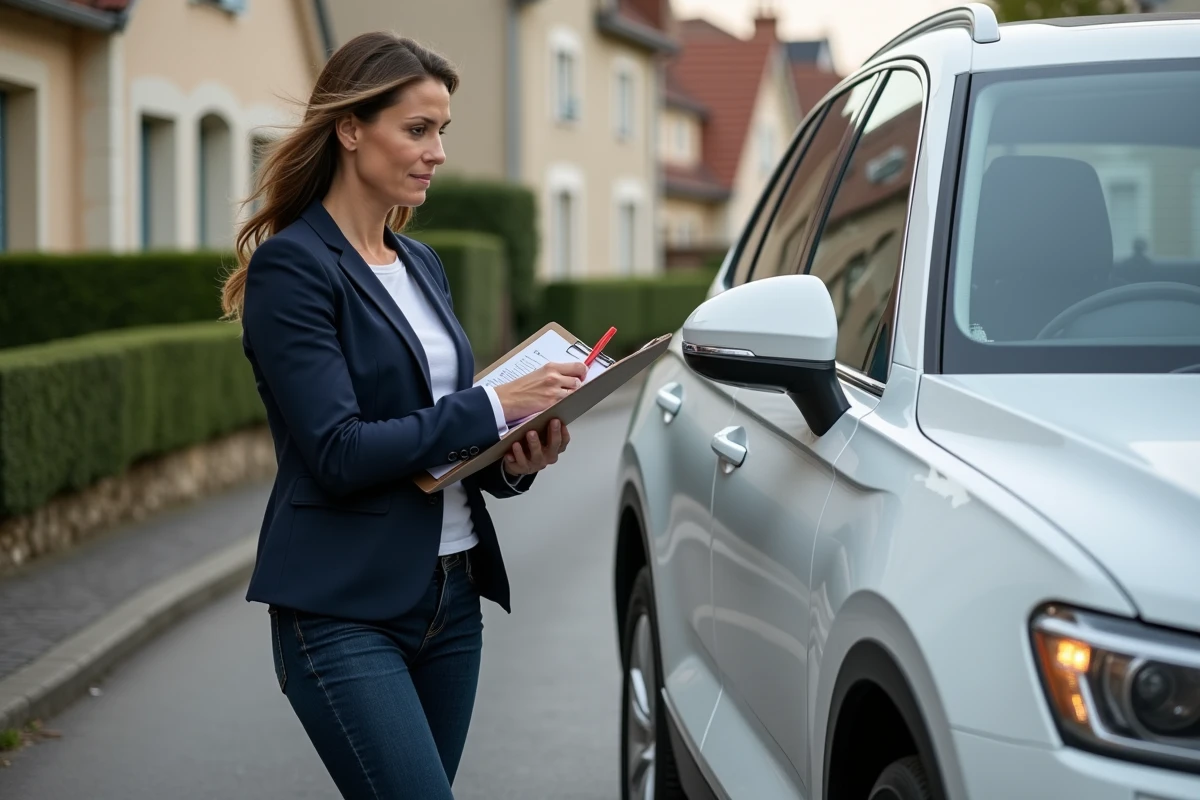 Journaliste automobile française inspectant le système de verrouillage d'un SUV familial blanc dans une rue résidentielle