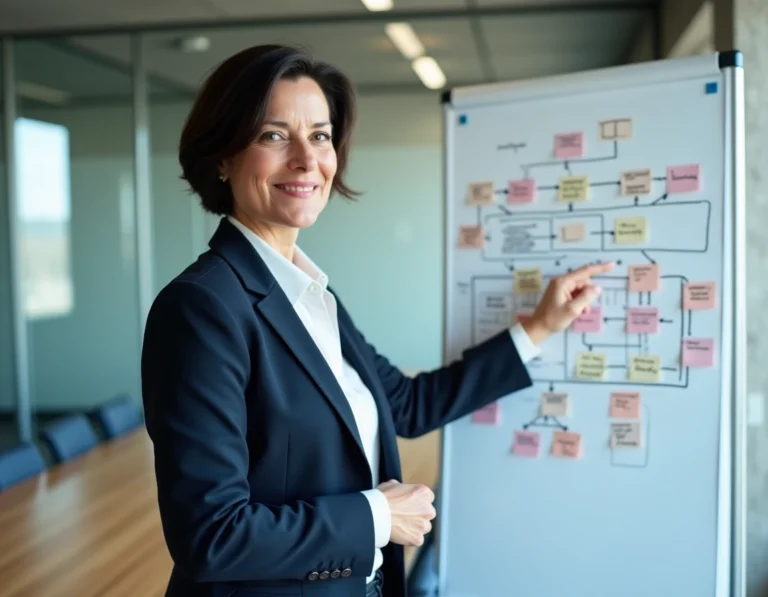 Femme manager présentant la méthode ADKAR sur un tableau blanc en salle de réunion d'entreprise