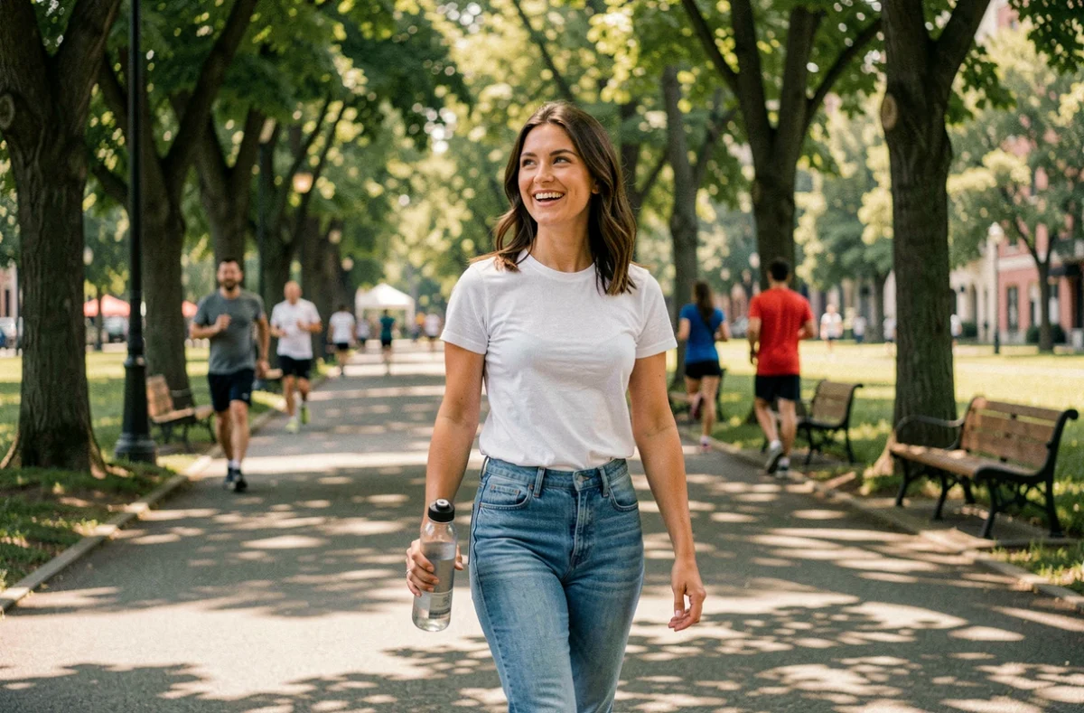 Jeune femme marchant dans un parc urbain avec une bouteille d'eau, illustrant l'importance de l'activité physique et de l'hydratation pour la santé quotidienne