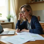 Mère de famille remplissant un dossier de demande d'aide CAF pour financer un voyage scolaire à domicile