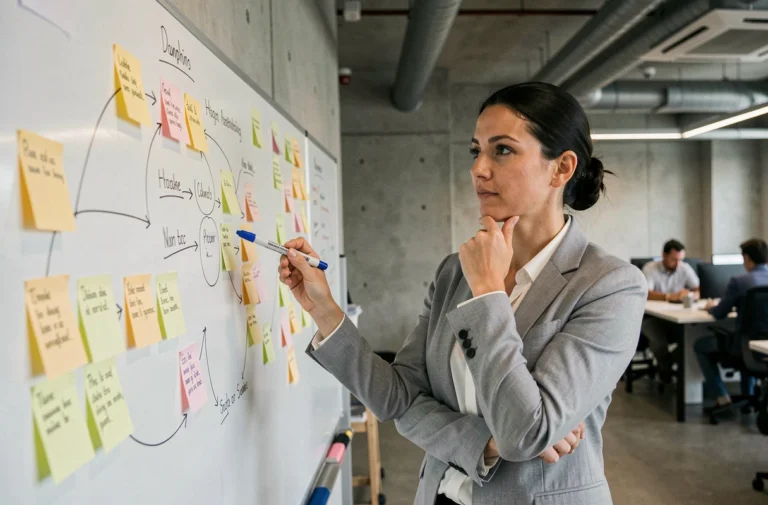Femme analyste devant un tableau blanc avec la méthode des 5 pourquoi pour résoudre un problème en entreprise