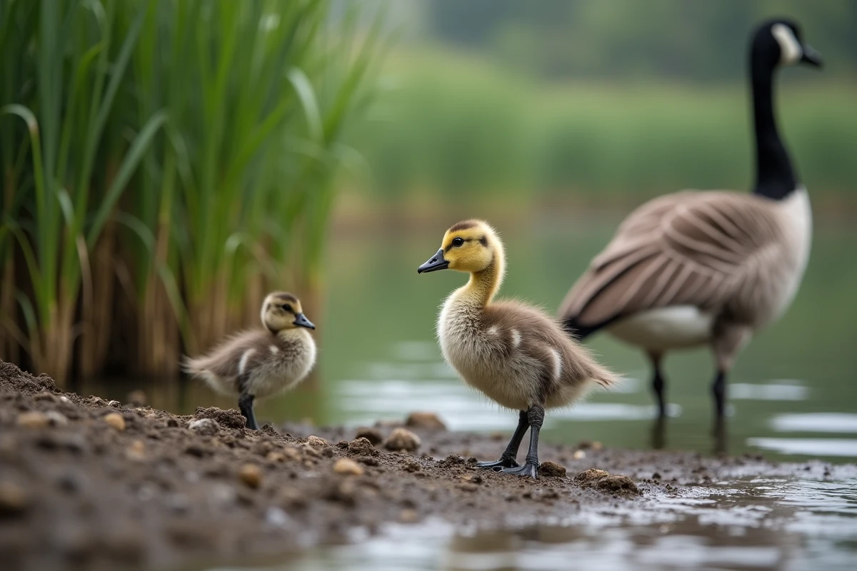 Jeune oison de trois semaines avec plumes naissantes au bord d'un étang calme sous la protection d'une oie adulte
