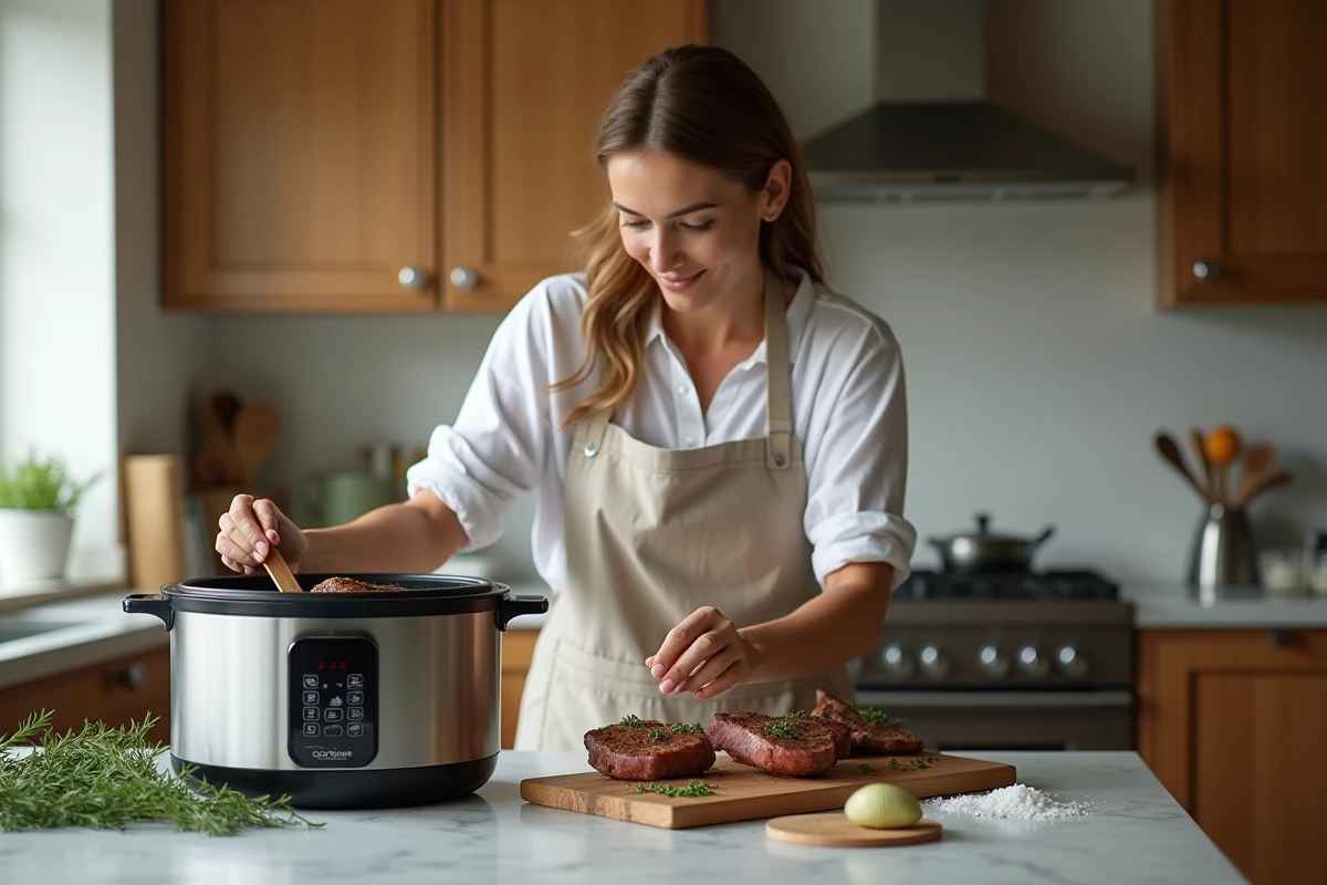 Femme préparant des côtes d'agneau dans un Cookeo dans une cuisine française moderne