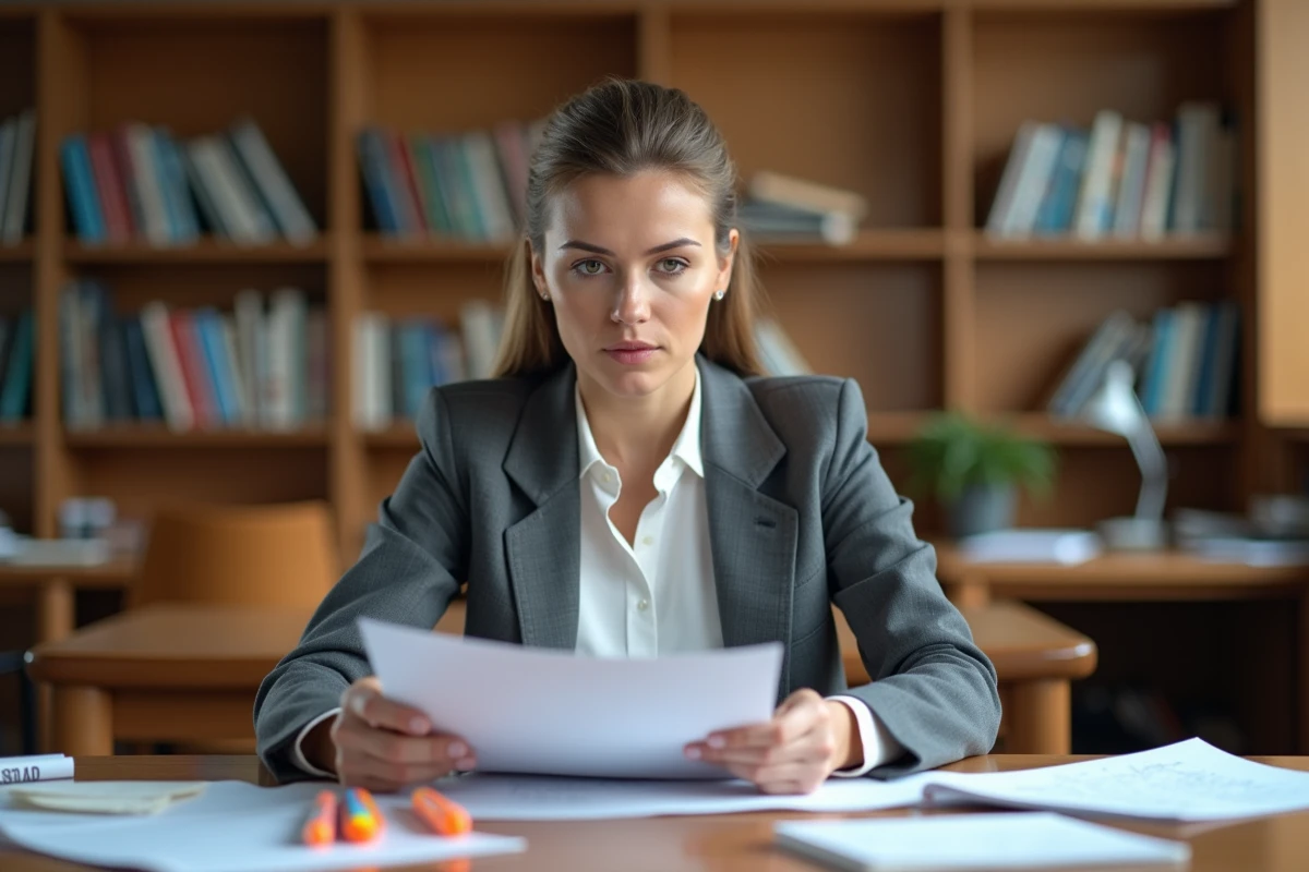 Femme se préparant aux tests psychotechniques SNCF avec des fiches de révision dans une bibliothèque