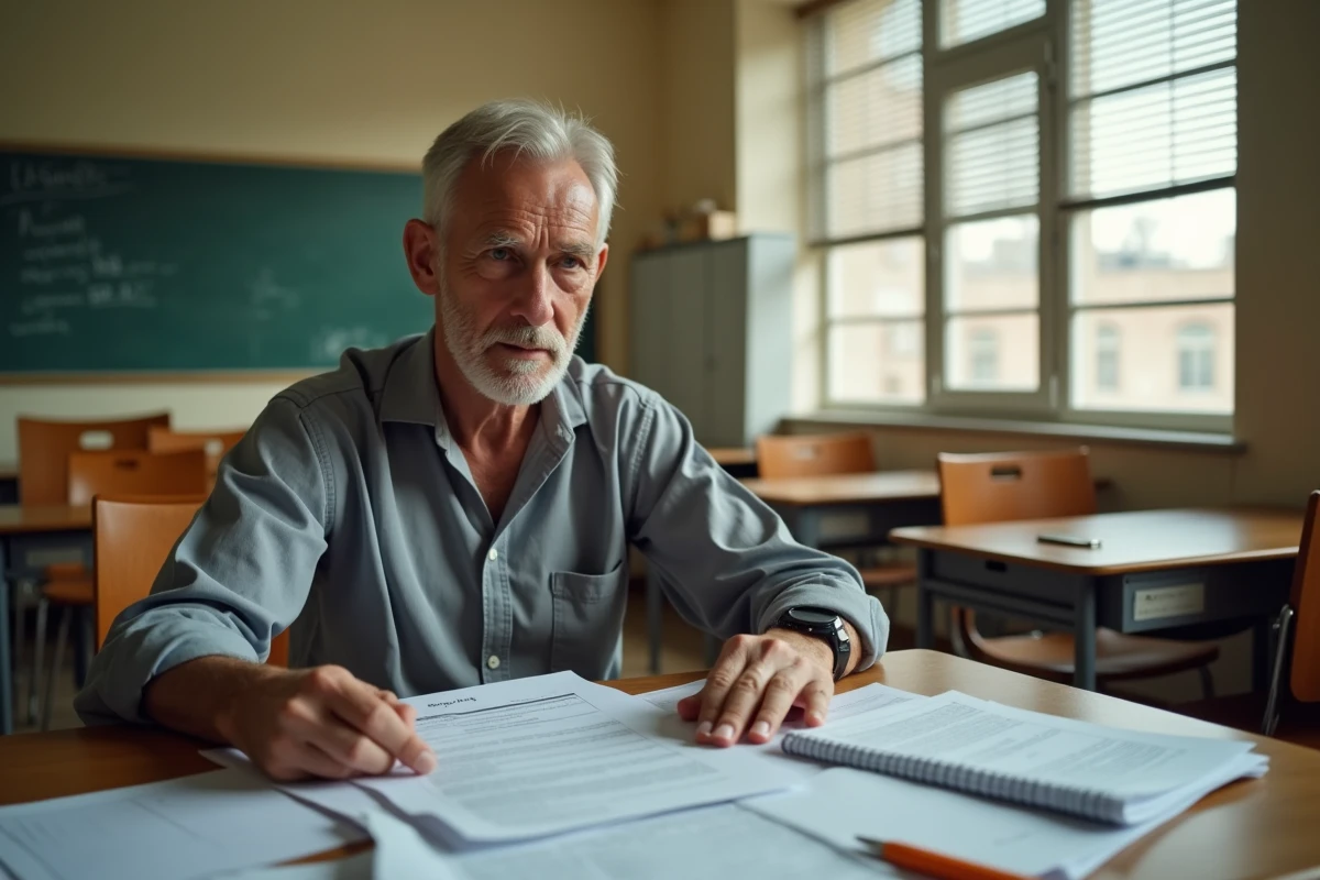 Professeur consultant une fiche de salaire et un contrat enseignant à son bureau de classe en fin de journée