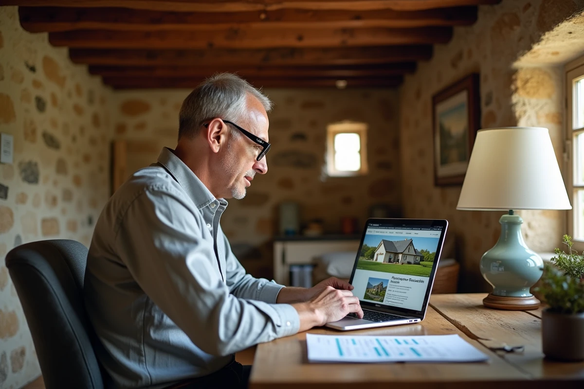 Homme consultant un site d'estimation immobilière sur son ordinateur dans un intérieur de maison de campagne