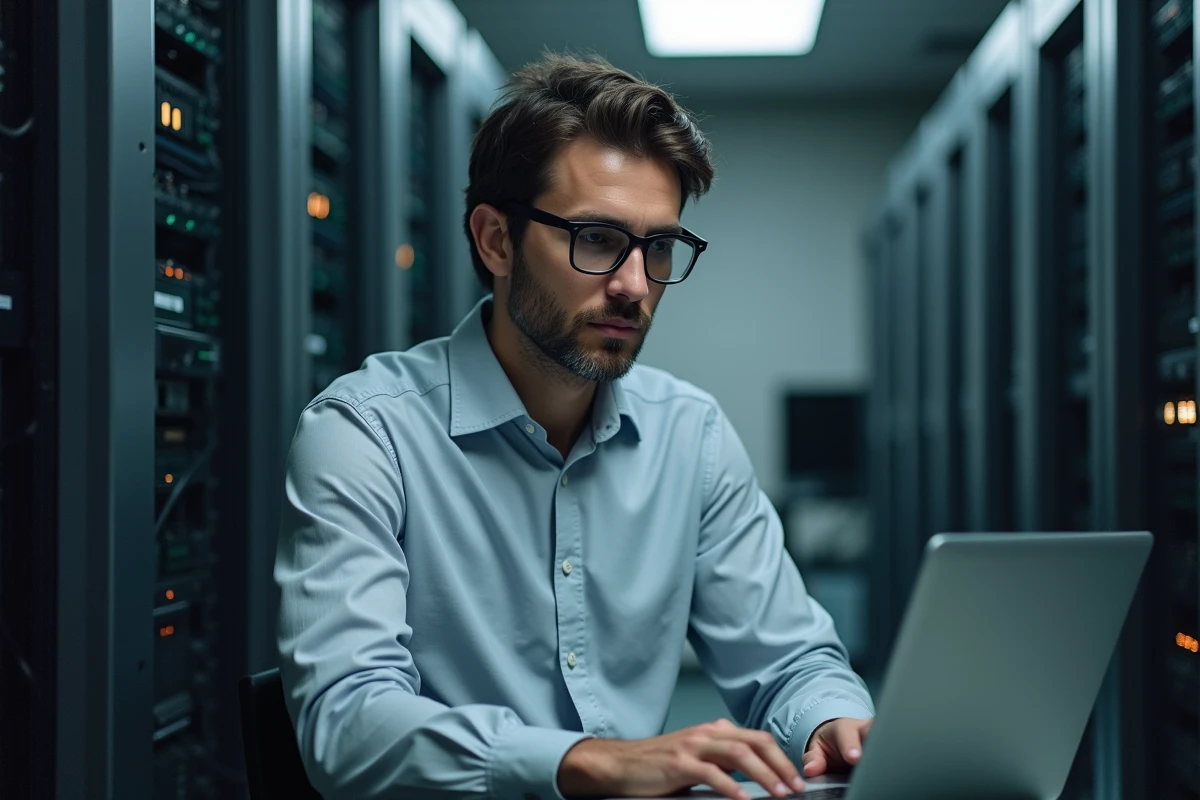 Jeune informaticien dans une salle serveurs hightech