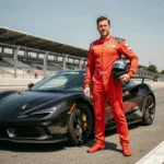 Pilote en combinaison rouge tenant son casque devant une voiture de sport noire sur un circuit automobile professionnel