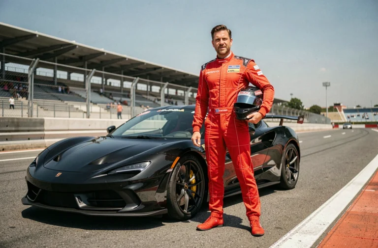 Pilote en combinaison rouge tenant son casque devant une voiture de sport noire sur un circuit automobile professionnel