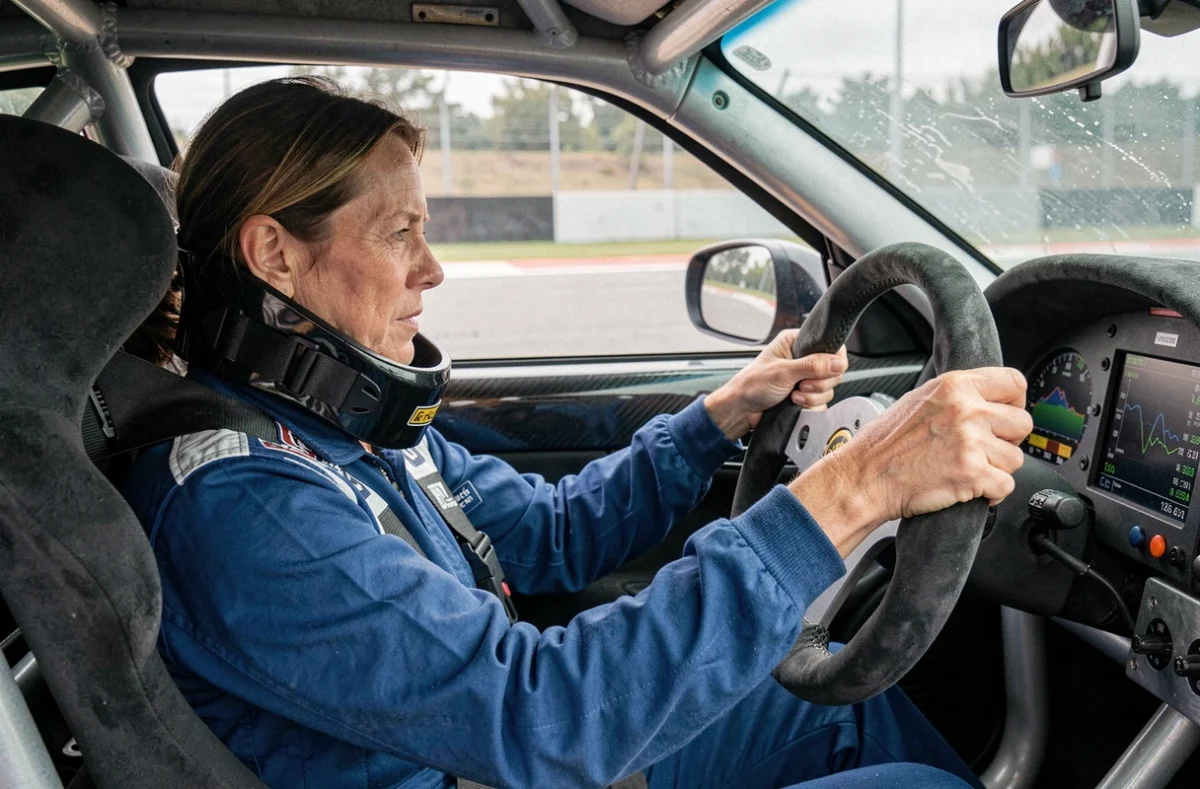 Femme pilote concentrée dans le cockpit d'une voiture de circuit avec harnais et volant sport lors d'un stage de pilotage