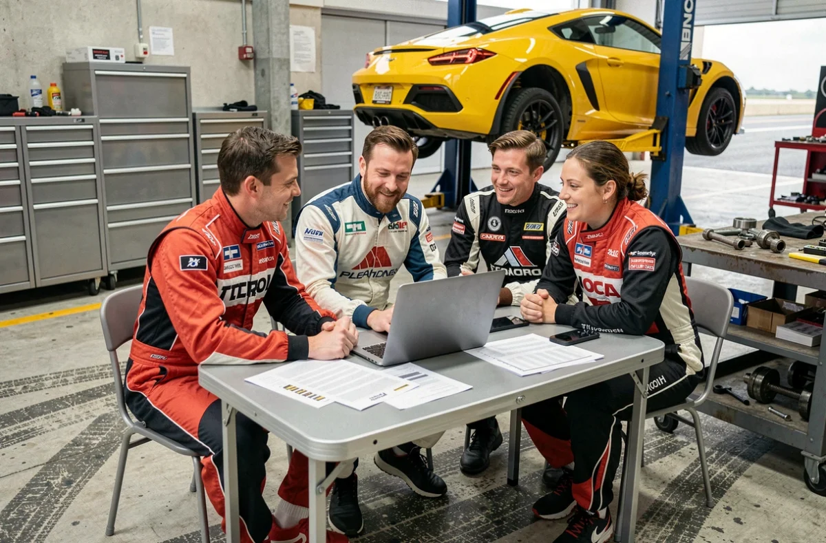 Groupe de stagiaires en combinaisons de pilotage analysant des chronos sur ordinateur dans un garage de circuit automobile