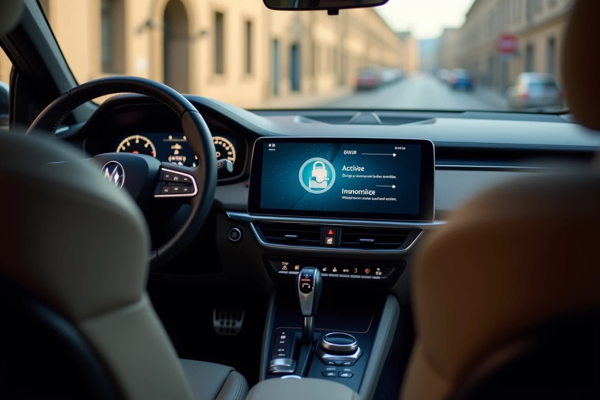 Tableau de bord d'une voiture française affichant un système antivol électronique actif et un tracker GPS
