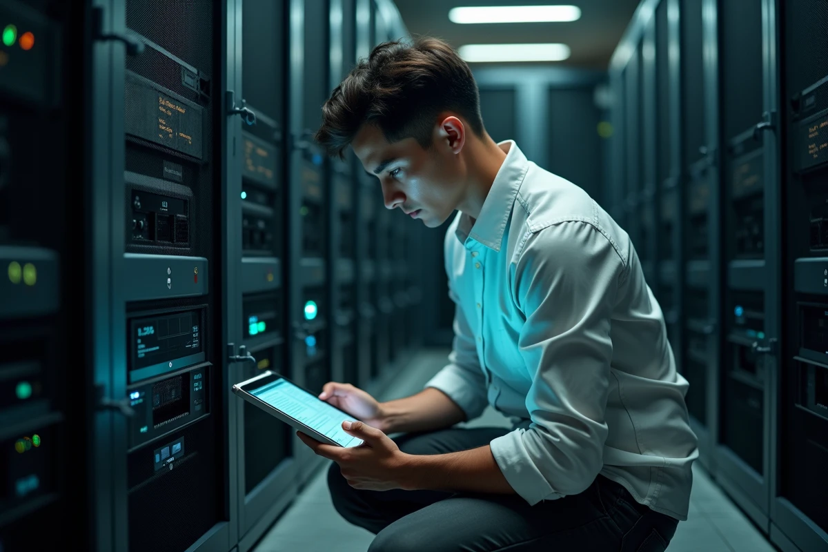 Technicien informatique analysant des journaux de connexion Arkevia sur une tablette dans une salle serveur