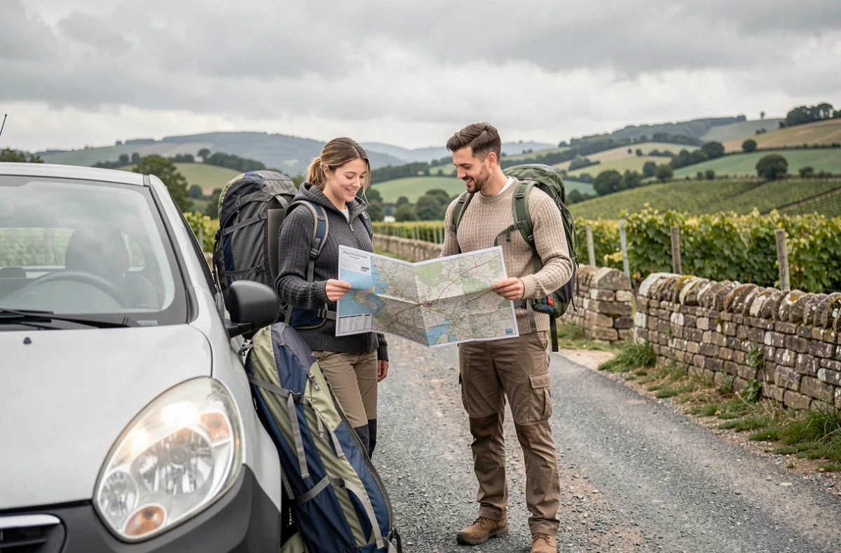 Deux voyageurs consultant une carte routière papier à côté d'une voiture de location en campagne française