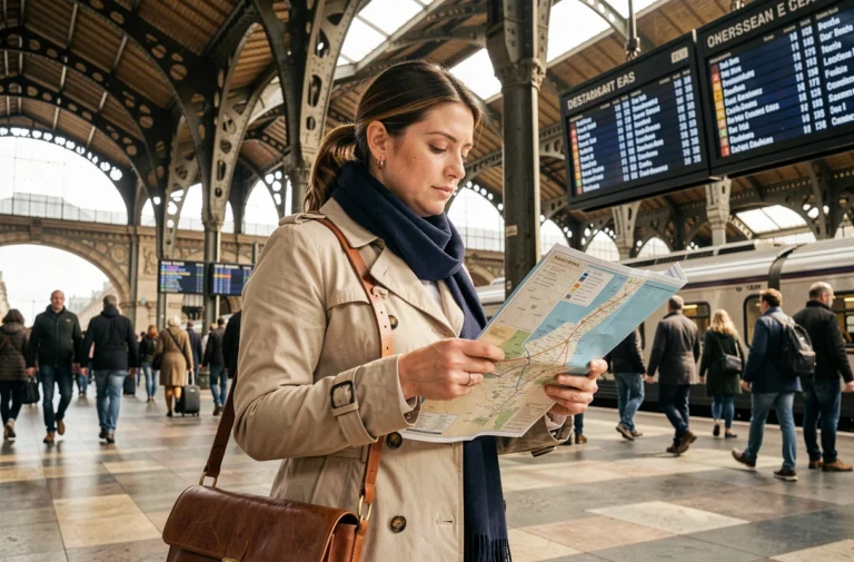 Voyageuse consultant un plan de train dans une grande gare européenne pour organiser ses transports